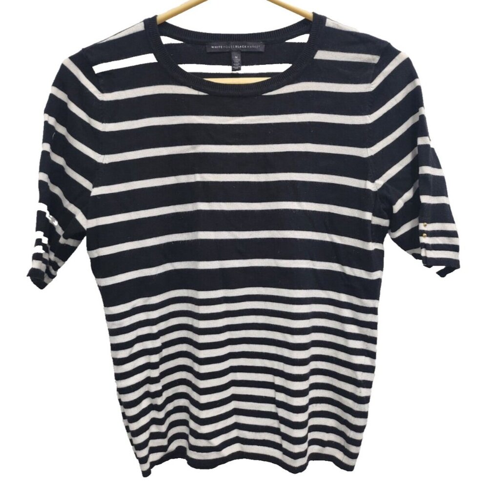 White House Black Market Sweater Womens Medium Black White Striped Short Sleeve